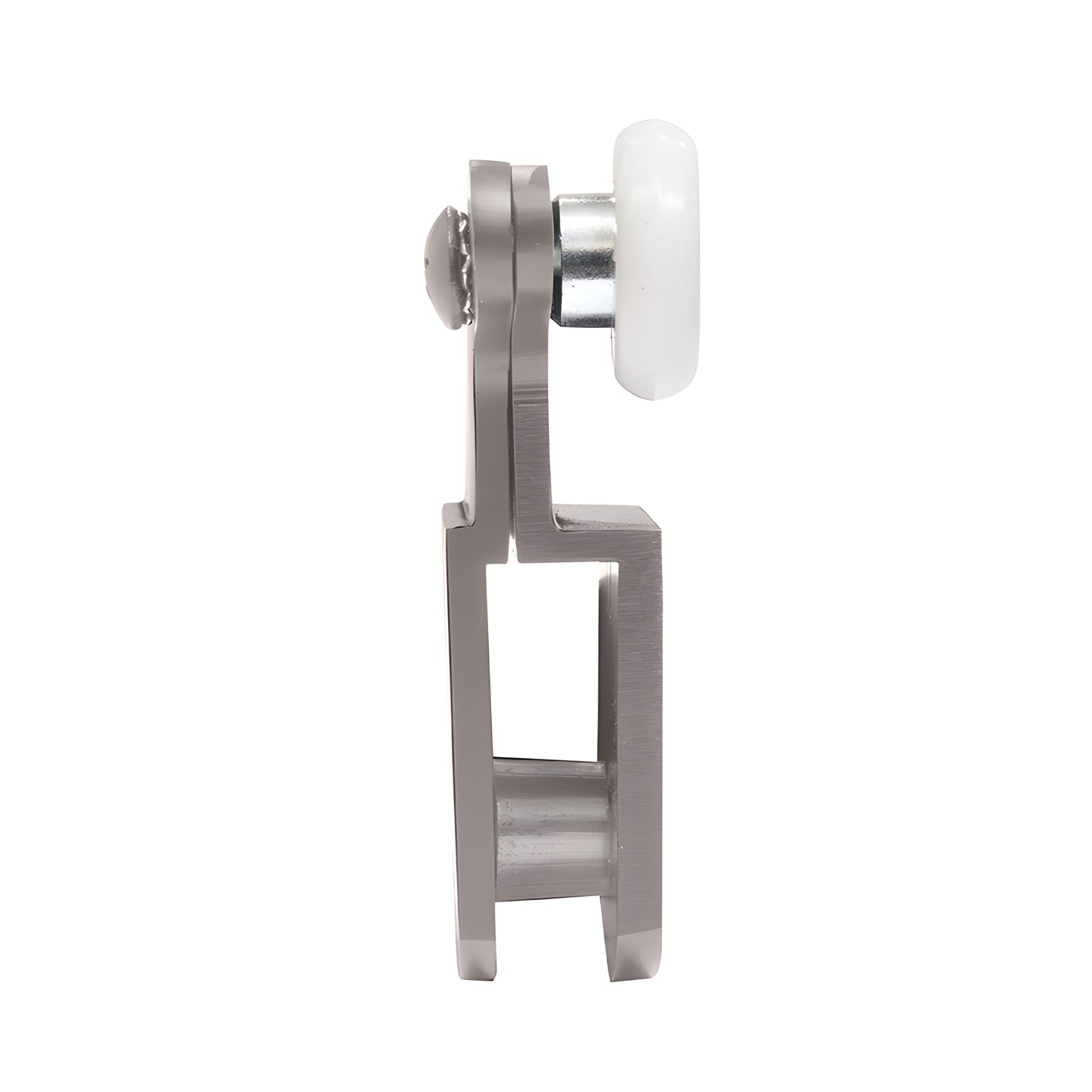 Brushed nickel top hanger roller bracket with two white nylon wheels for 3/8" (10mm) frameless shower door, DK66BN