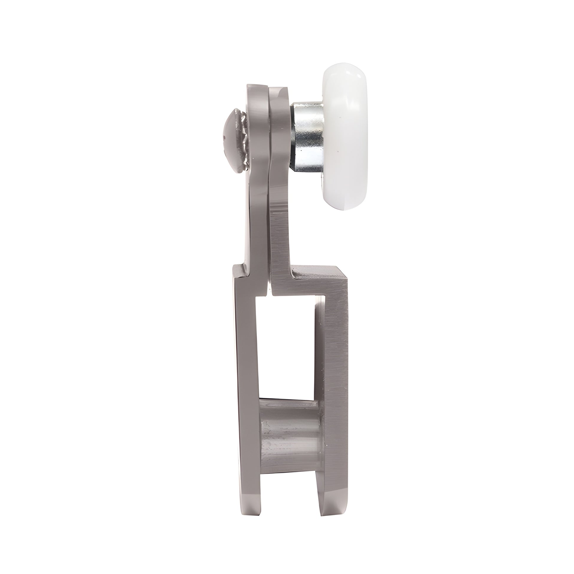 Brushed nickel top hanger roller bracket with two white nylon wheels for 3/8" (10mm) frameless shower door, DK66BN