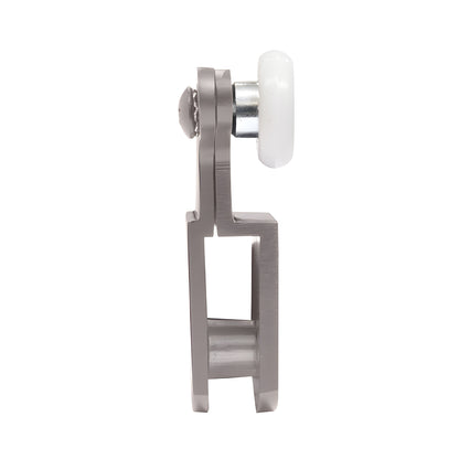 Brushed nickel top hanger roller bracket with two white nylon wheels for 3/8" (10mm) frameless shower door, DK66BN