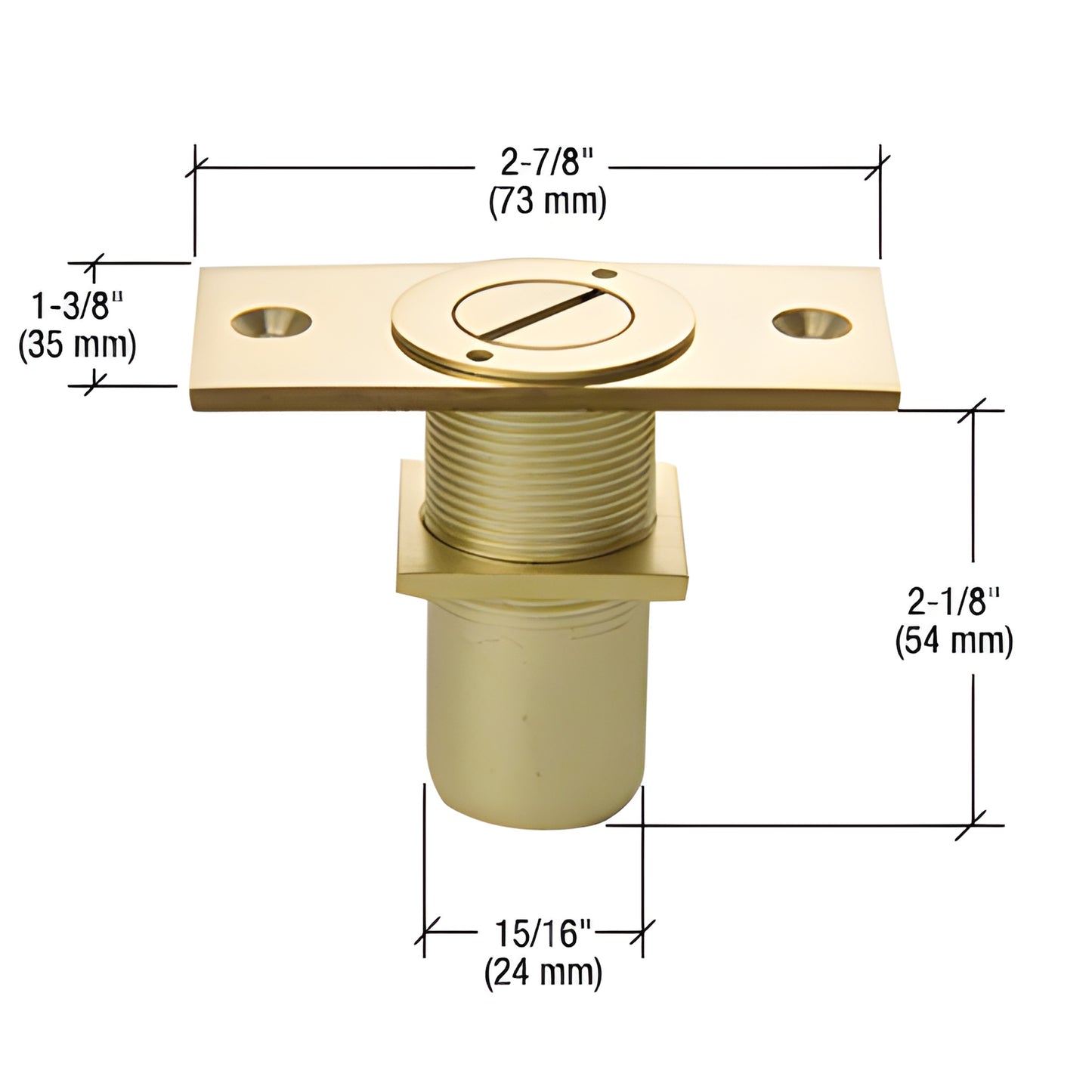 AMR209BR polished brass dustproof floor keeper with mounting plate, locking model, shown with dimensions.
