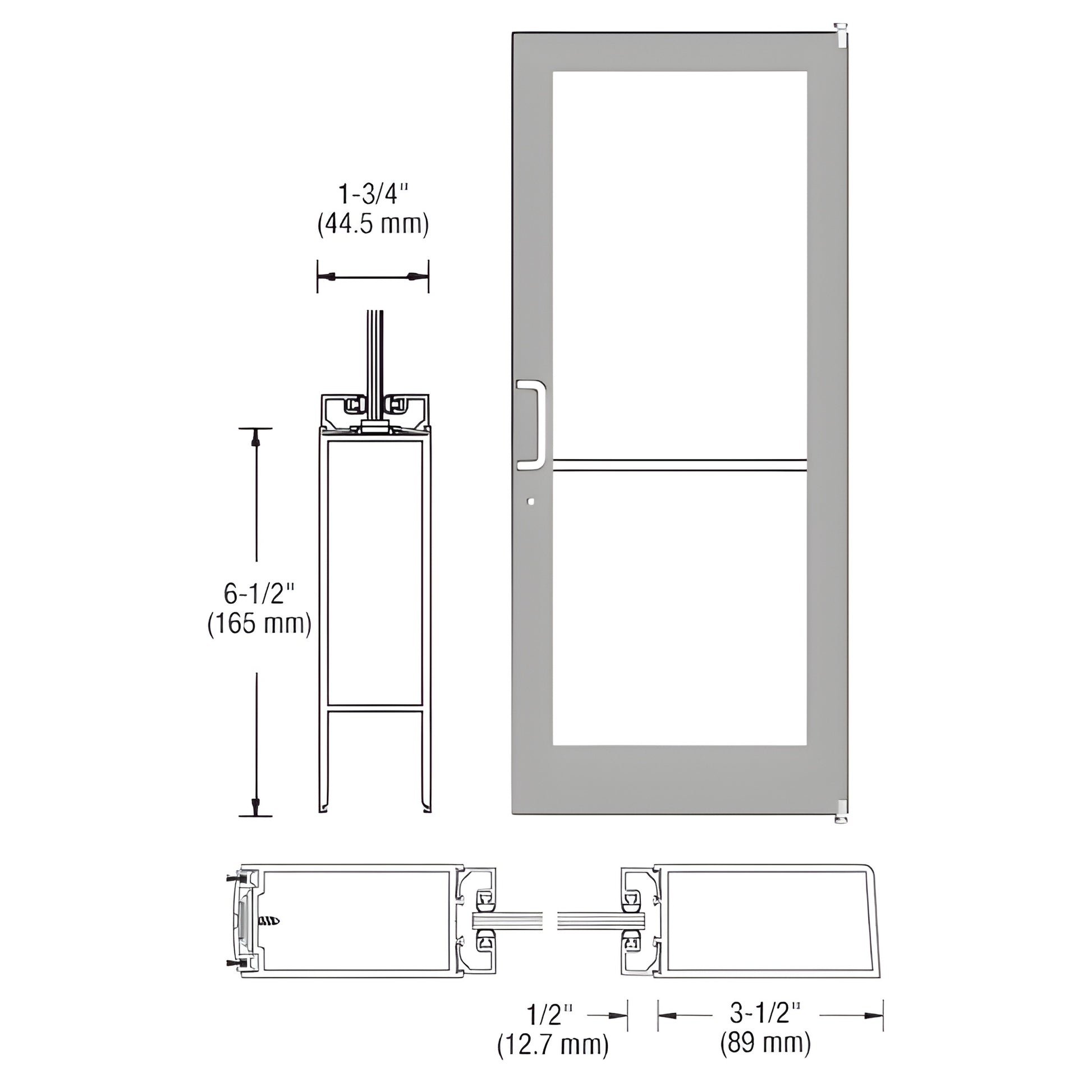 Clear anodized aluminum glass door active leaf 36x84, medium stile, 1/4" glass, 6-1/2" bottom rail - SKU DC42211LA36