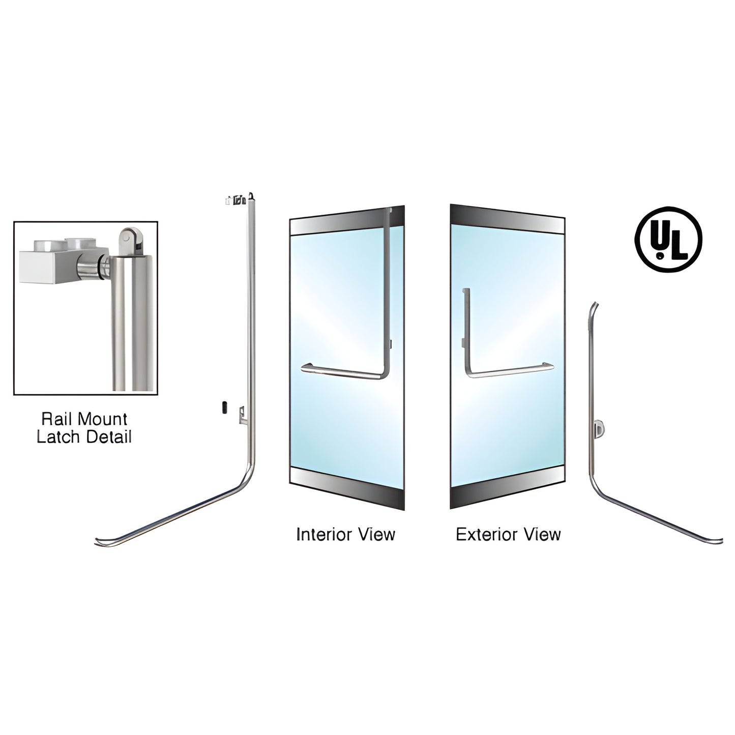 Brushed stainless steel tubular panic exit handle, rail-mount for 3/4 tempered glass doors, right-hand reverse