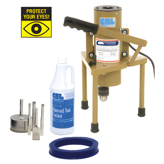 CRL2DK glass drill kit: tripod drilling machine, coolant bottle, five diamond bits, blue suction ring and eye-safety sign