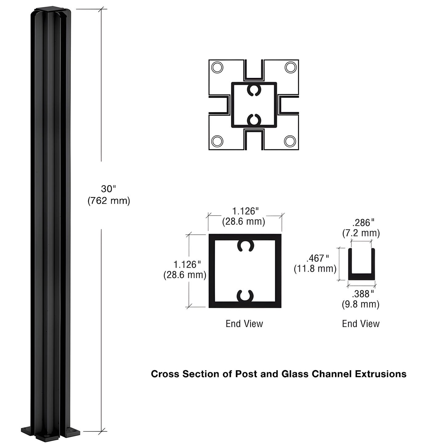 D990BL304W: semi-gloss black 4-way aluminum partition post, 30 in tall, 1-1/8" square tube with glazing channels and base.