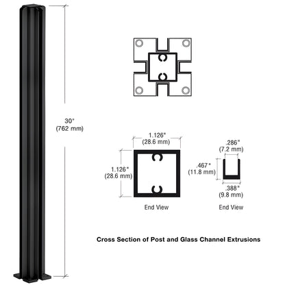 D990BL304W: semi-gloss black 4-way aluminum partition post, 30 in tall, 1-1/8" square tube with glazing channels and base.