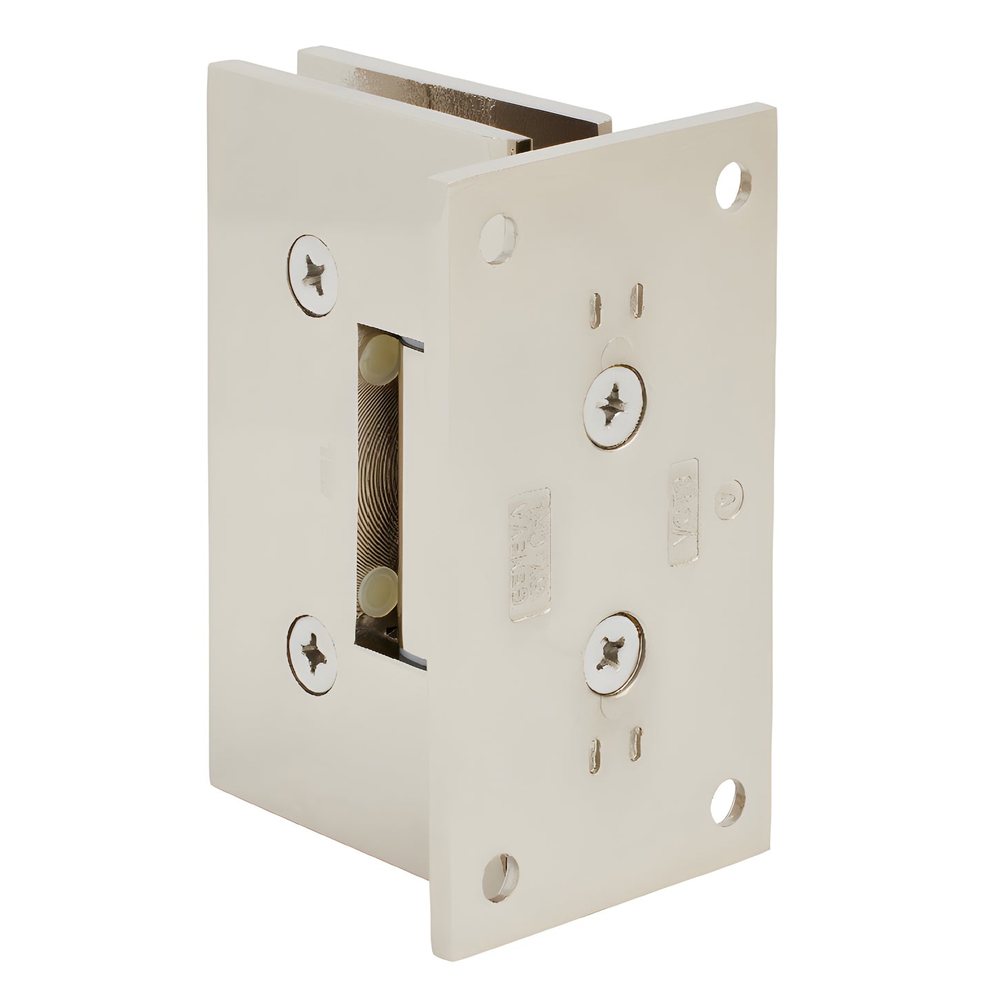 VCT037PN polished nickel solid-brass frameless shower door hinge, wall-mount, self-centering, supports up to 140 lb glass