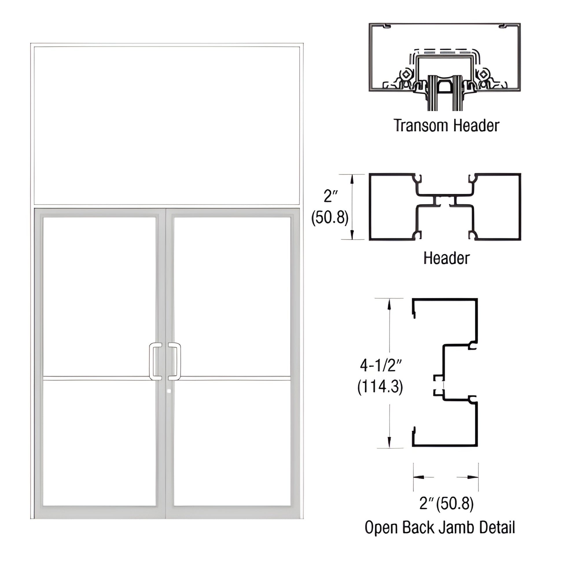 White Kynar transom frame with open-back 2x4-1/2 jambs, aluminum threshold for 72x84 double door, SKU 1B92452