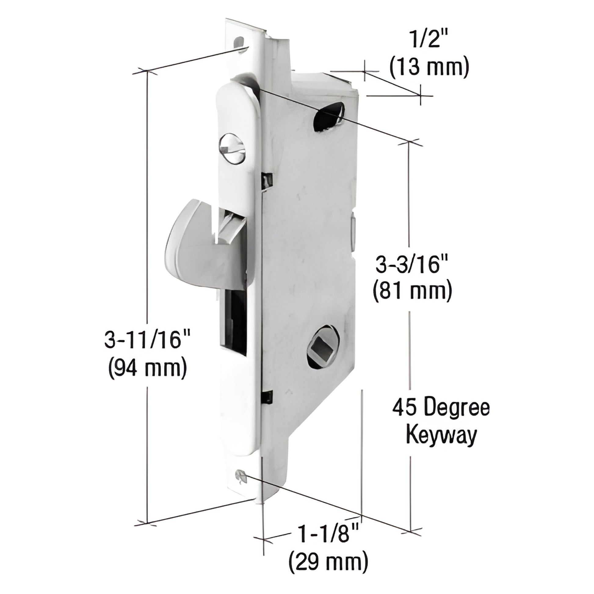 E2187 stainless steel mortise lock for Adams Rite doors, 1/2" face, 3-11/16" screw spacing, 45 keyway