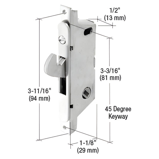 E2187 stainless steel mortise lock for Adams Rite doors, 1/2" face, 3-11/16" screw spacing, 45 keyway