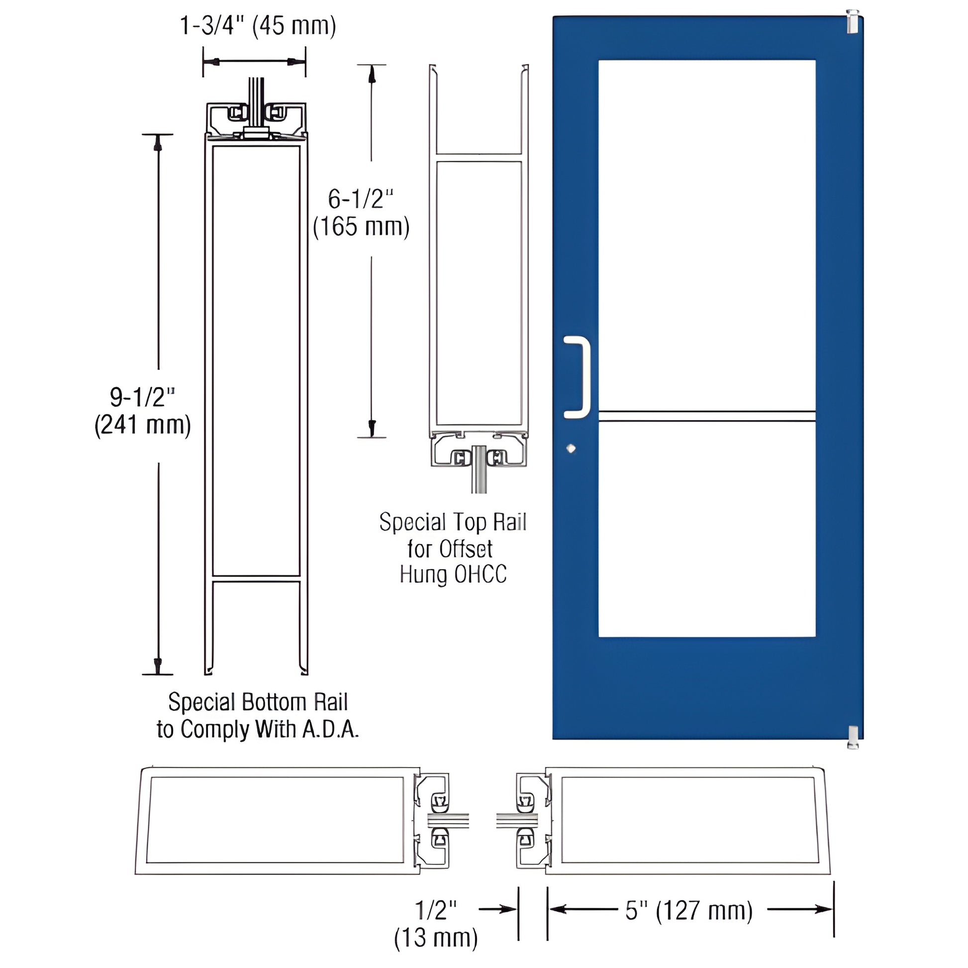 DE51171: blue commercial wide-stile entrance door with glass, ADA 9-1/2" bottom rail and 5" stiles