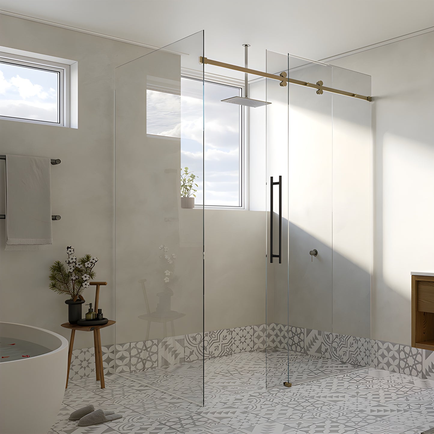 Cavoli CAV78BBRZ brushed-bronze top-rail frameless 78 in sliding shower system, one sliding + one fixed panel