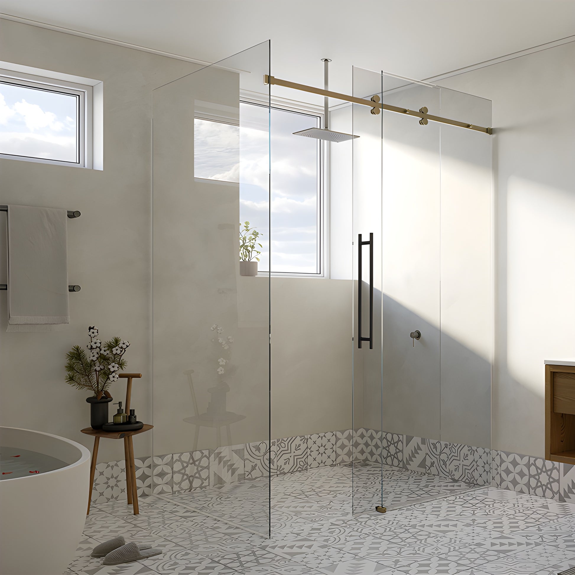 Cavoli CAV78BBRZ brushed-bronze top-rail frameless 78 in sliding shower system, one sliding + one fixed panel