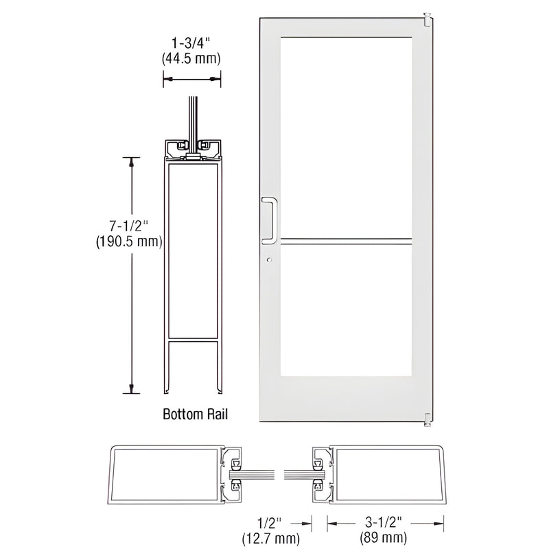 White Kynar medium-stile commercial entrance door SKU HE41252, 7-1/2" bottom rail, 3-1/2" stiles, fits 1/4" glass