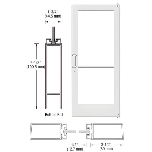 White Kynar medium stile commercial entrance door SKU HE41252L036, 7-1/2" bottom rail, push/pull hardware and glass panel