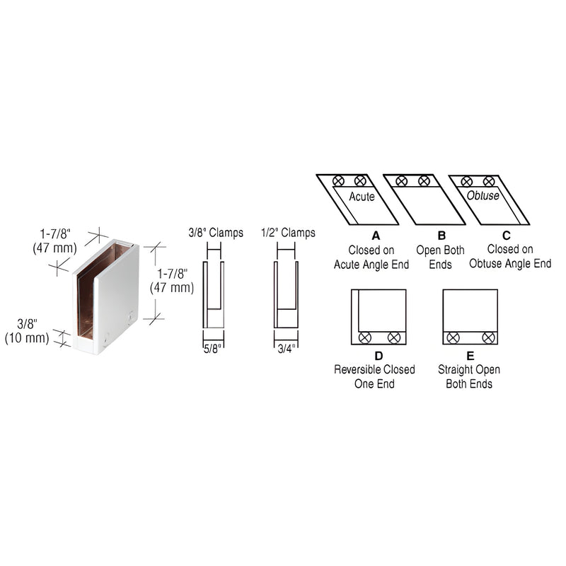 CRL RH2238CH chrome solid brass 90 straight end clamp for 3/8" (10mm) tempered glass, 1-7/8" (48mm) square.