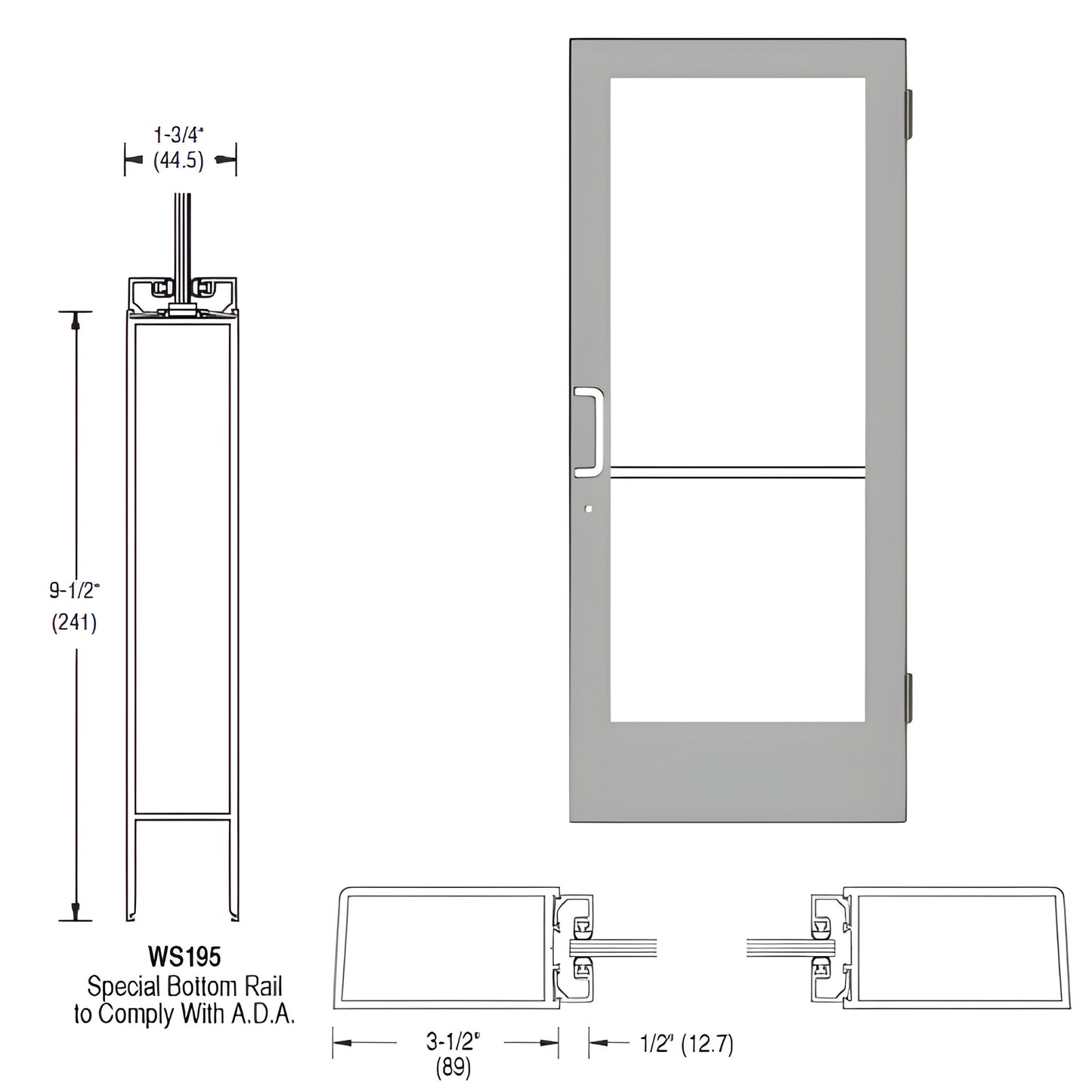 CD41511L036: 36x84 Clear Anodized single 400 medium stile door, left-latch, 91 2" ADA bottom rail, hinges and hardware included