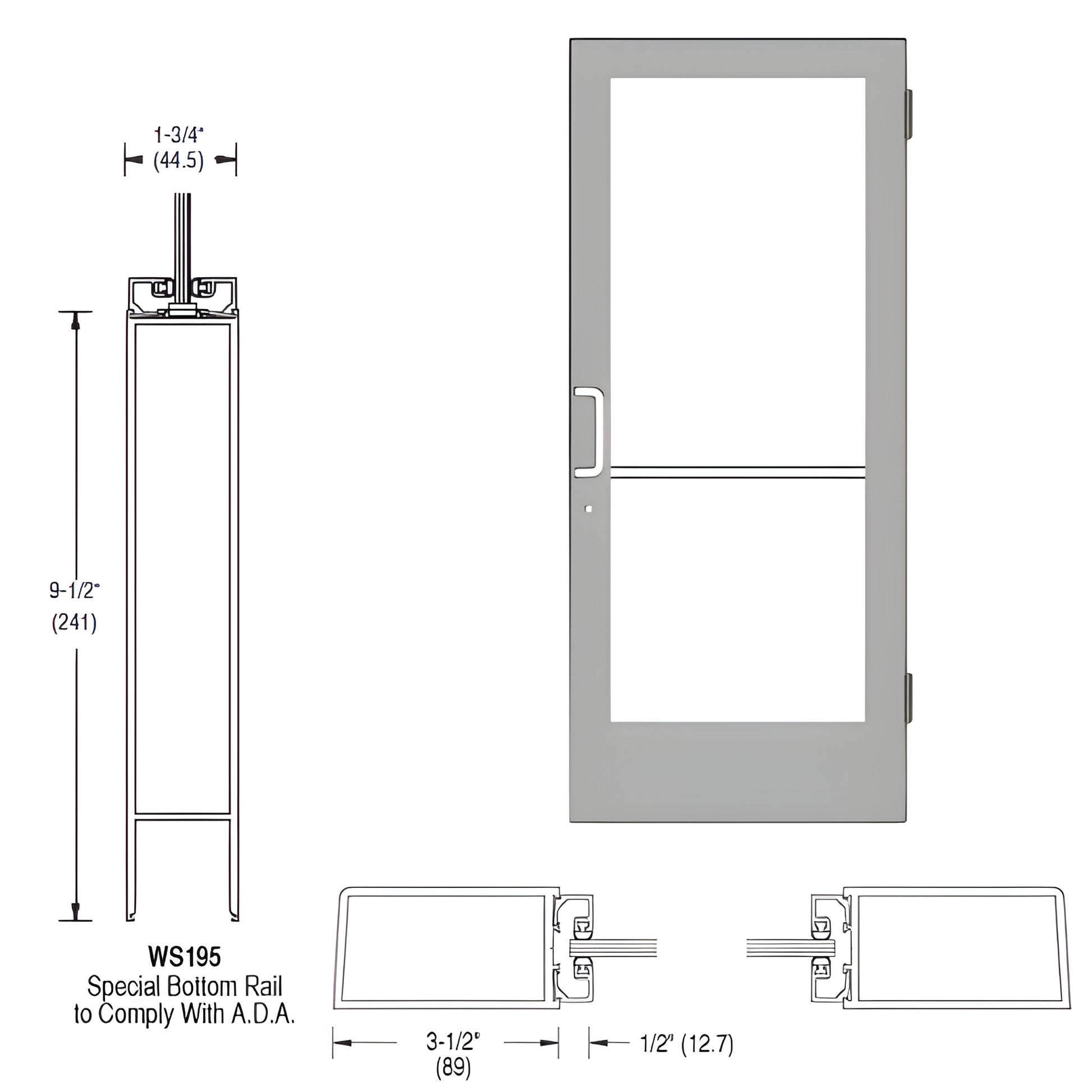 CD41511L036: 36x84 Clear Anodized single 400 medium stile door, left-latch, 91 2" ADA bottom rail, hinges and hardware included