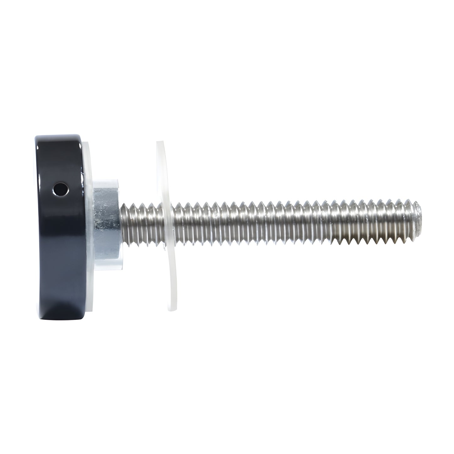 Black 1" standoff cap assembly (CAP142BL) with stainless threaded rod and clear spacer for signage