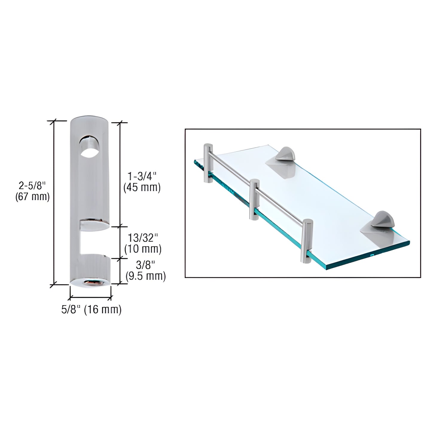 Polished chrome brass glass shelf rods and supports SKU RDB2BN for 1/4-3/8" (6-10mm) tempered glass.