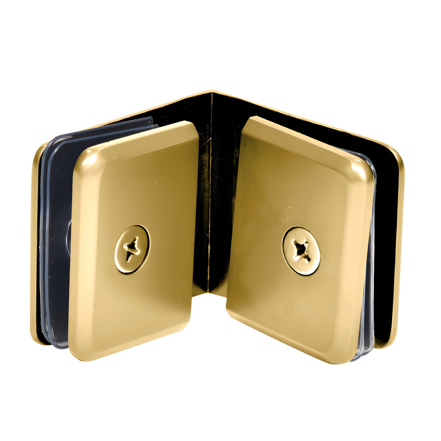 BGC90 satin brass beveled 90 glass-to-glass clamp for 3/8-1/2" glass, solid brass, frameless shower corner connector
