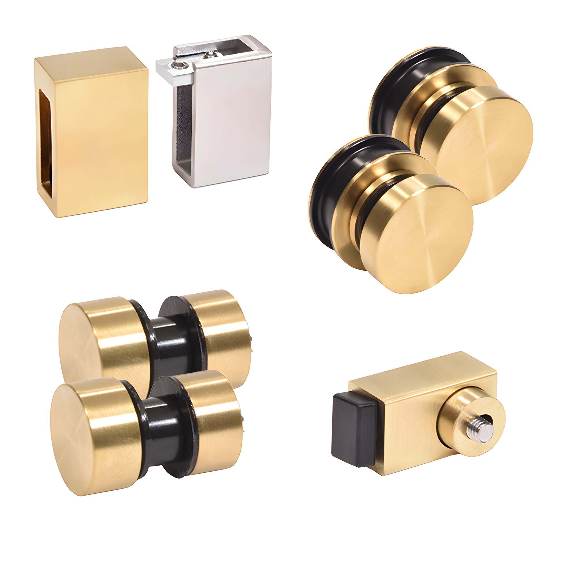 Satin brass Cavoli shower door replacement kit - two rollers, two fixed fittings, wall bracket and stopper (CAVHDWKSB)