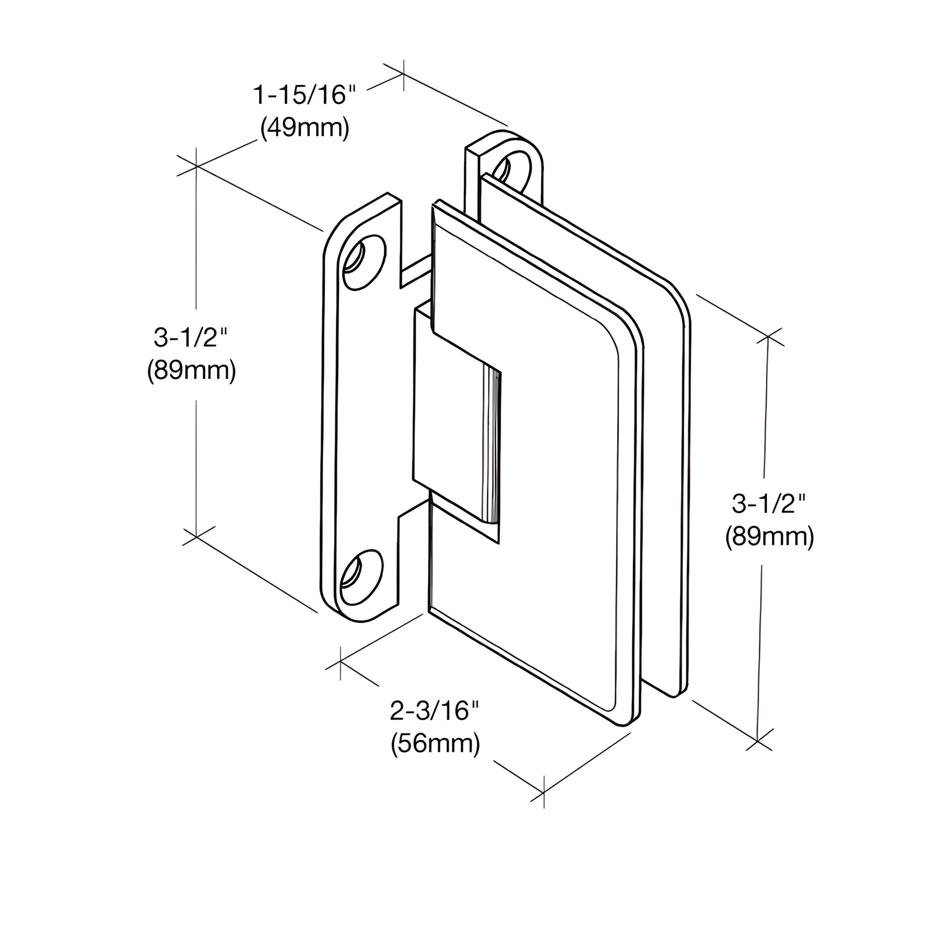 P1N037SB satin brass Pinnacle wall-mount shower hinge with beveled edges, H back plate, for 8-12mm tempered glass.