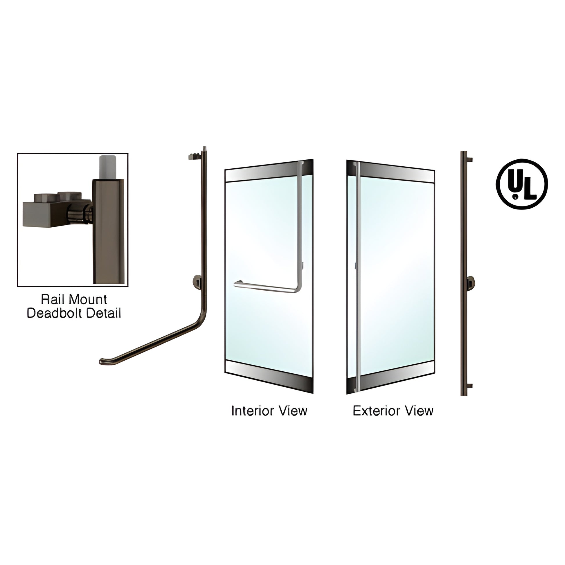 Oil rubbed bronze 1-1/4 in rail-mount deadbolt glass door handle, interior and exterior views. SKU DB100F3RK0RB