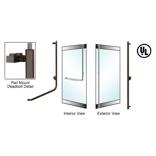 Oil rubbed bronze 1-1/4 in rail-mount deadbolt glass door handle, interior and exterior views. SKU DB100F3RK0RB