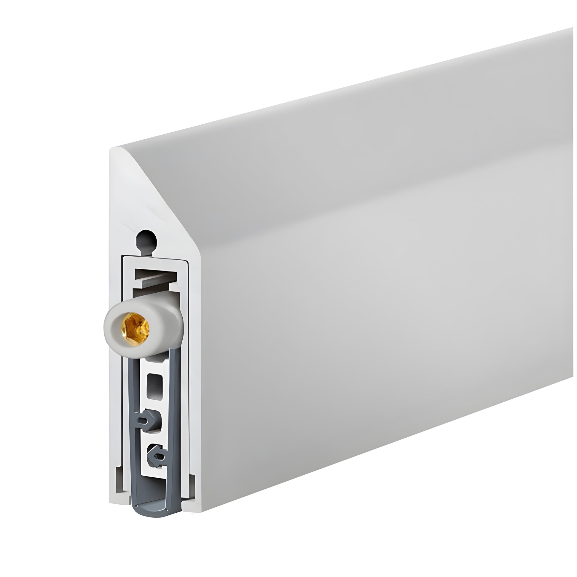 FBADSSA satin-anodized Fallbrook drop-down door seal, close-up of adjustable low-profile aluminum profile with rubber gasket.