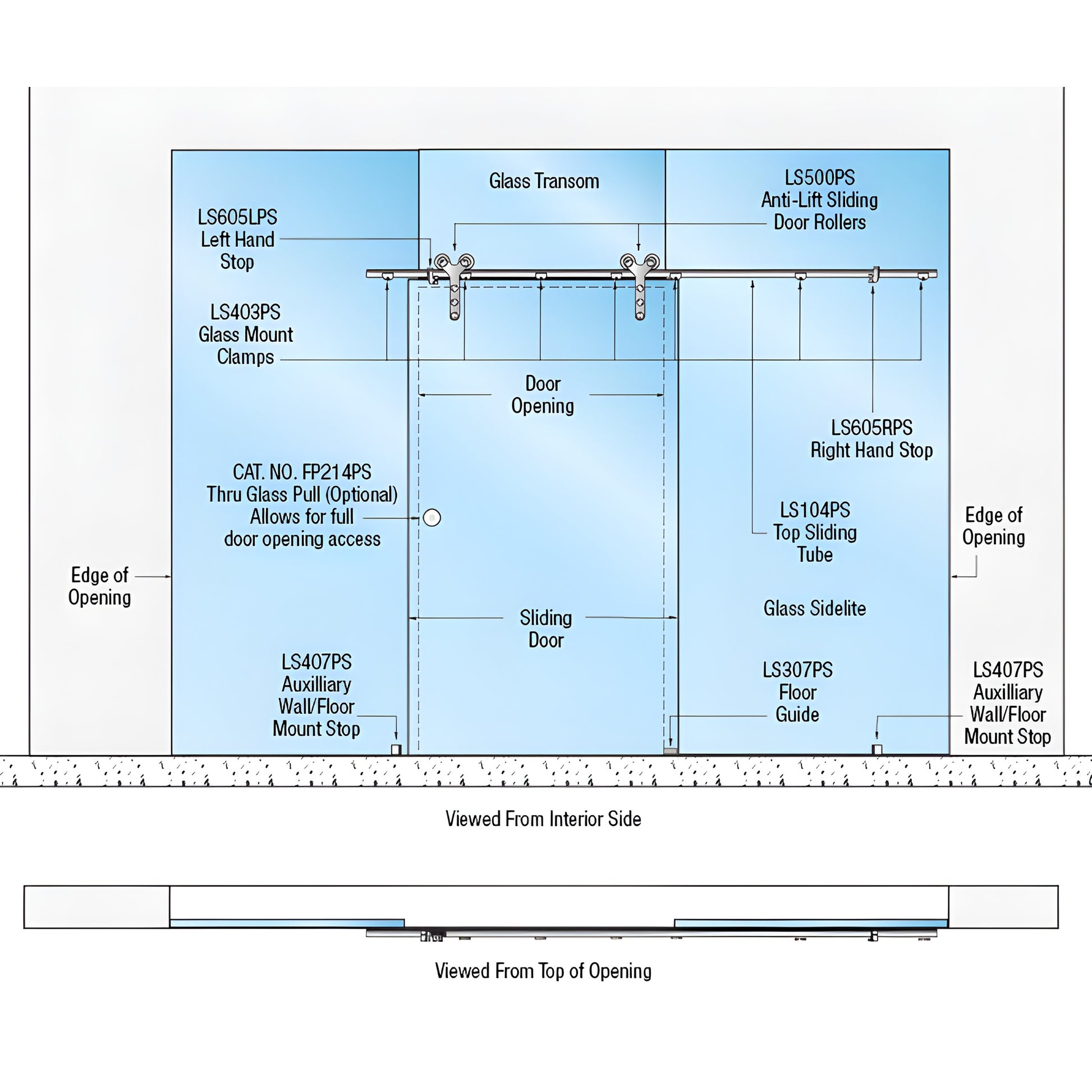 Diagram of CRL Laguna glass-mount single sliding door kit LSGM26PS with polished stainless top track, anti-lift rollers and d