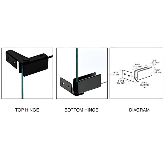 GDH86BL gloss black glass cabinet top and bottom hinges for 5-6mm tempered glass, pair, 16 lb capacity
