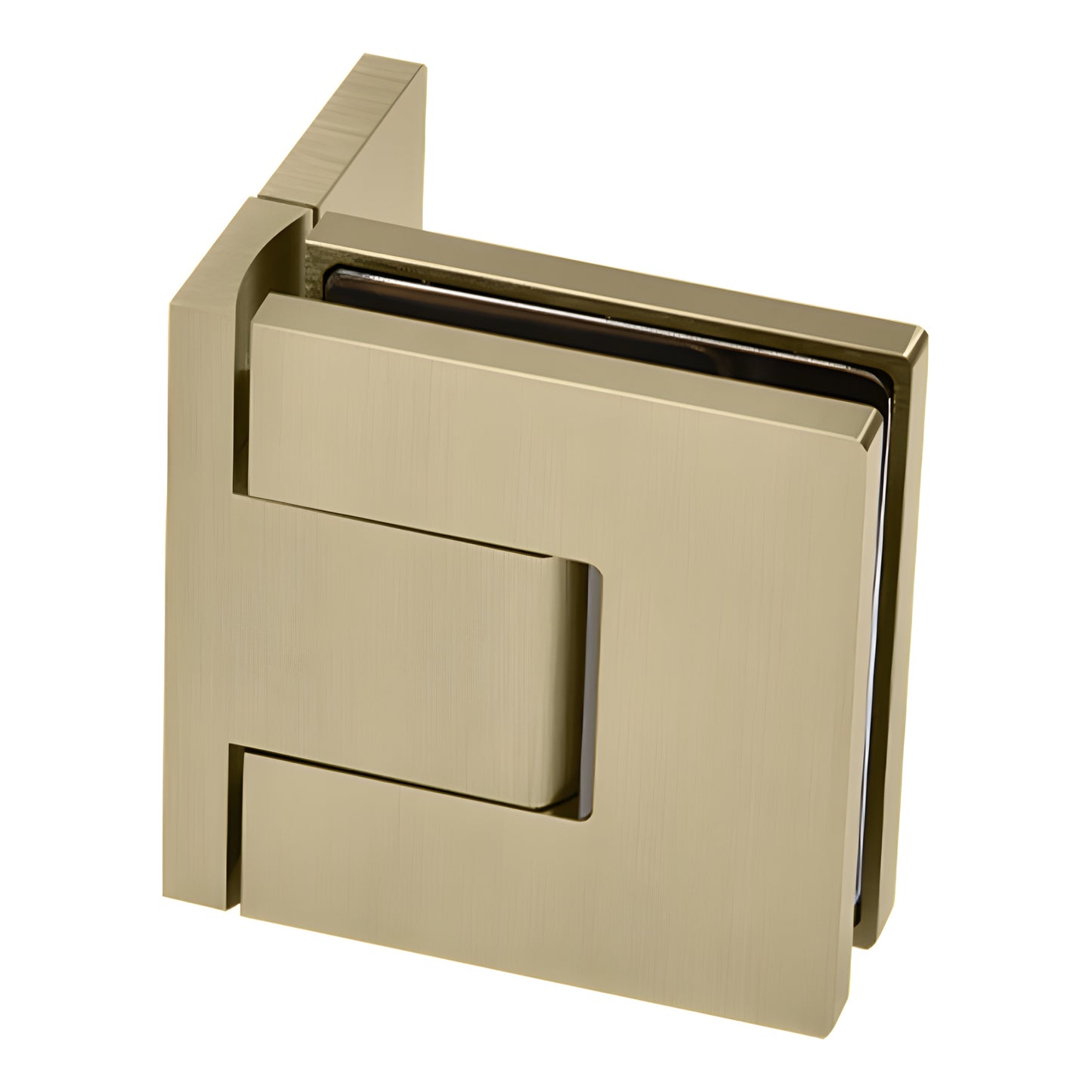Bellagio BEL344BBRZ brushed-bronze square shower door hinge, concealed wall-mount for 8-10 mm glass.