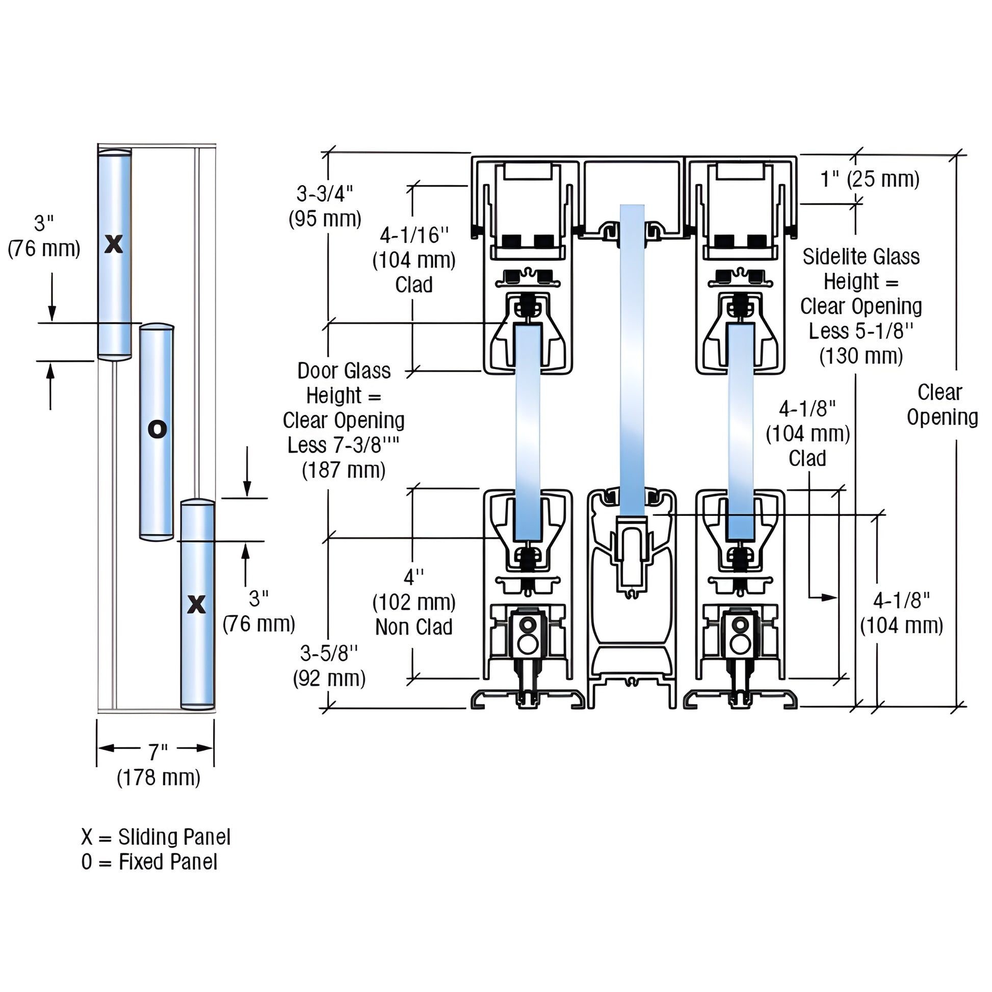 CRL SSR bottom-rolling 3-panel (XOX) sliding door system SKU 4SSR3DBS, brushed stainless steel, 4" square rails
