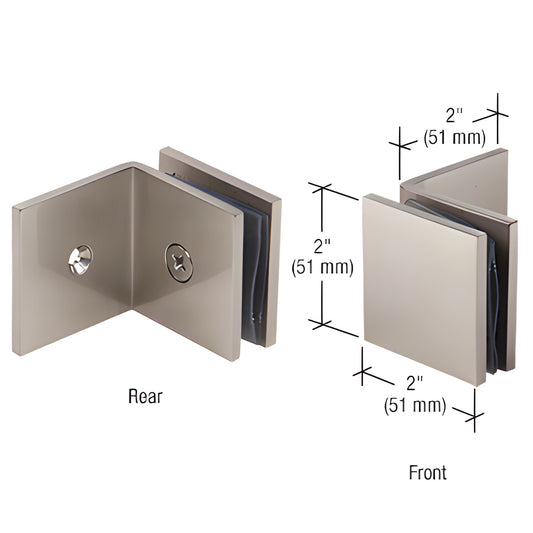 Brushed nickel square fixed-panel wall clamp SGC039BN, 2 in. x 2 in. brass clamp for 3/8-1/2 in. glass.