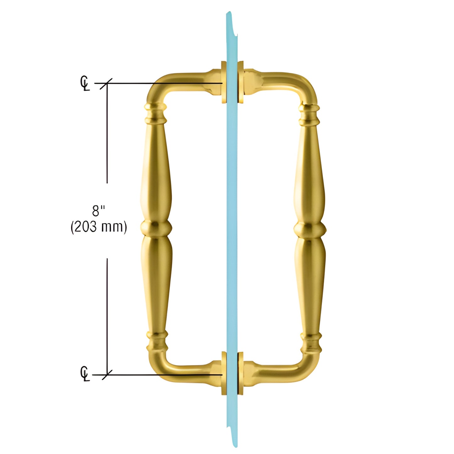 V1C8X8SB Victorian satin brass solid brass shower door pull, 8 in c-c, back-to-back glass mount