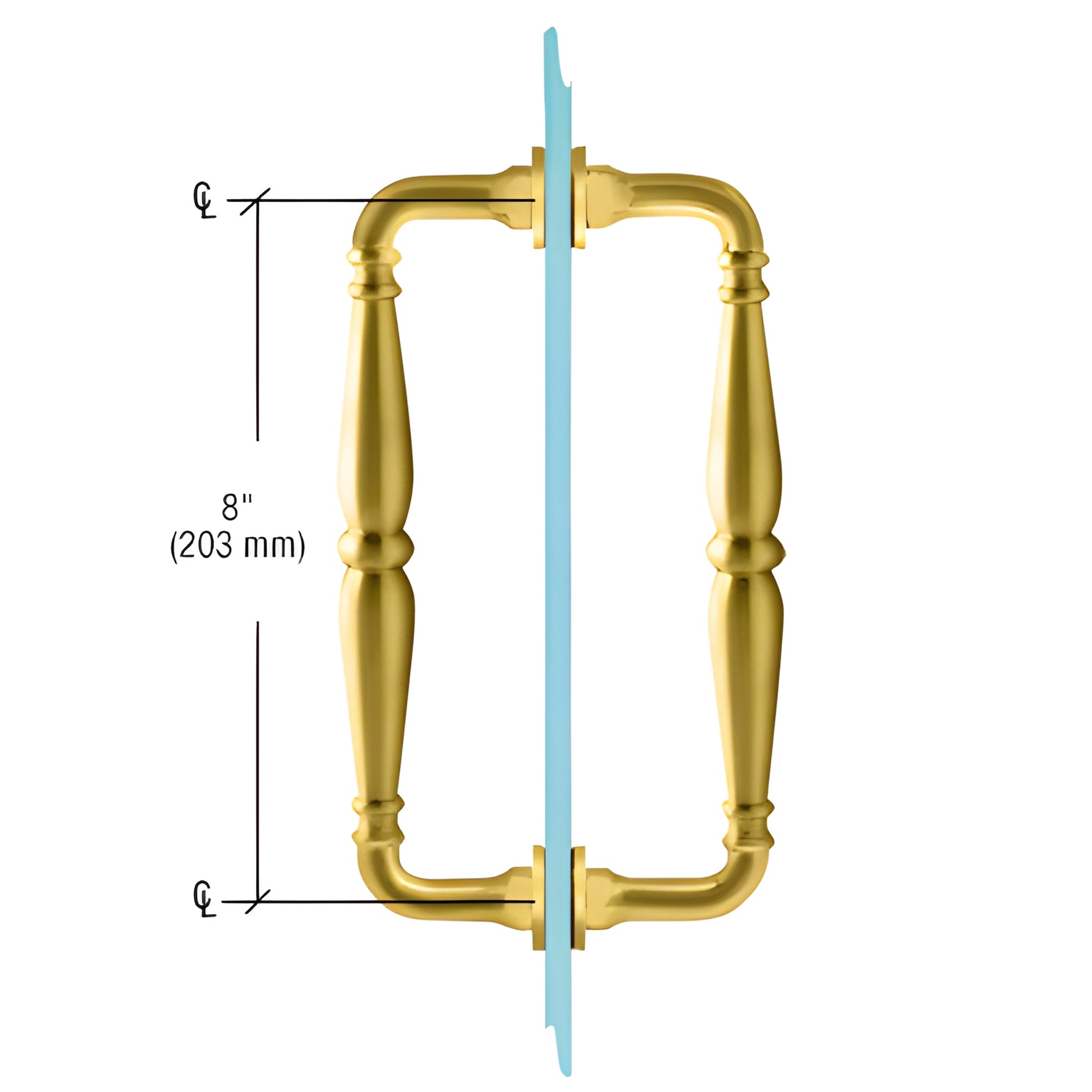V1C8X8SB Victorian satin brass solid brass shower door pull, 8 in c-c, back-to-back glass mount