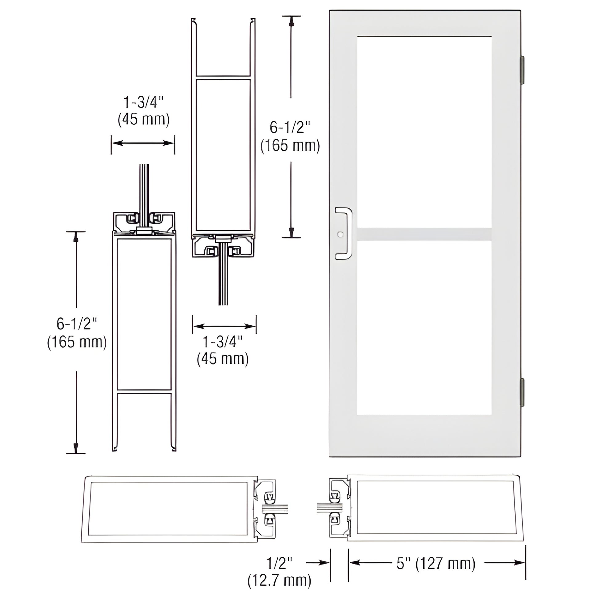 Custom wide stile entrance door DZ51452, white Kynar, 5" stiles, 6-1/2" rails, fits 1/4" tempered glass.