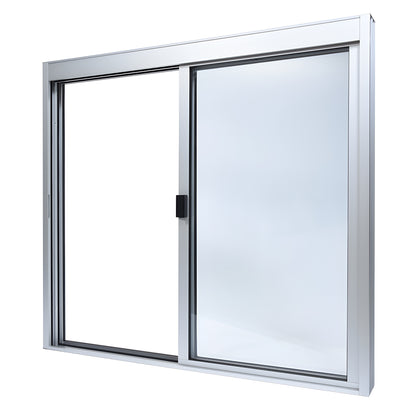 DW4844X0GA satin anodized aluminum 4" frame sliding service window, XO left-slide, factory 1/4" clear tempered glass.