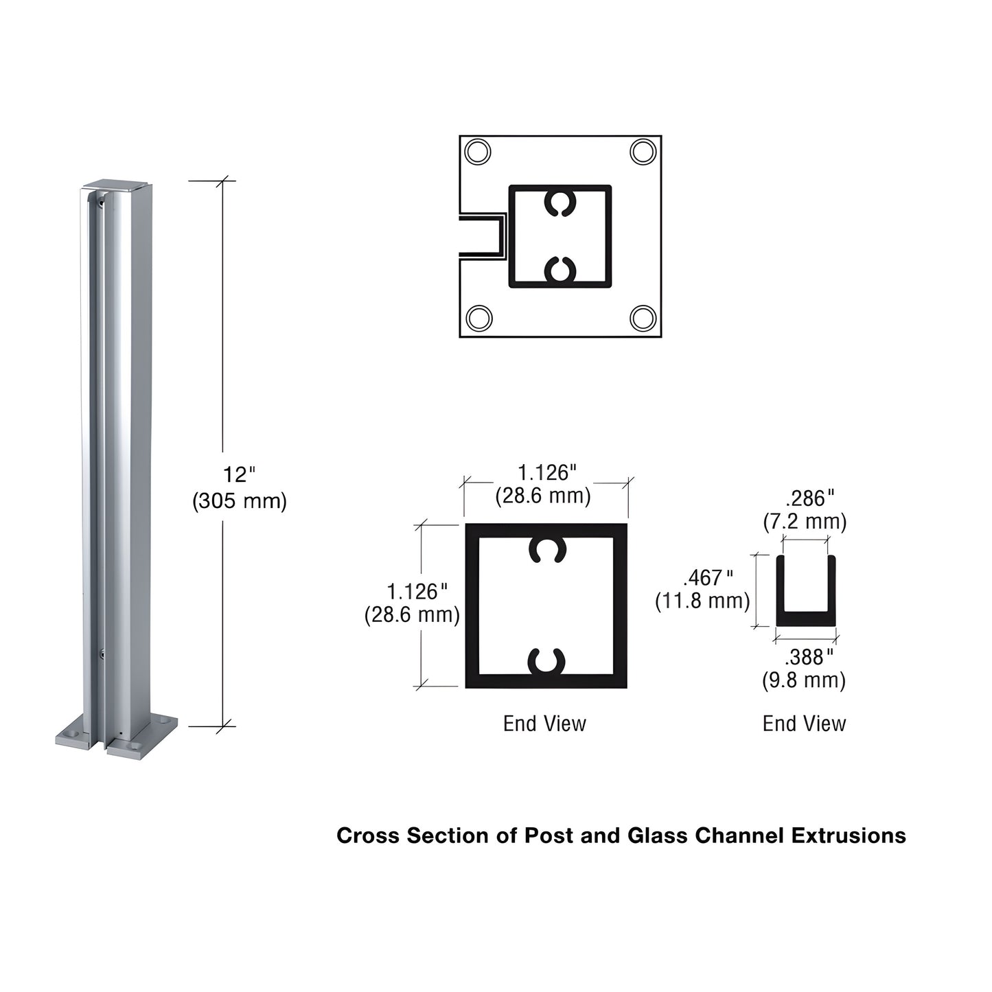 Satin anodized aluminum 12" square partition post (D990A12E) with U-channel glazing for 1/4" glass.