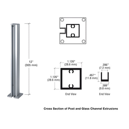 Satin anodized aluminum 12" square partition post (D990A12E) with U-channel glazing for 1/4" glass.