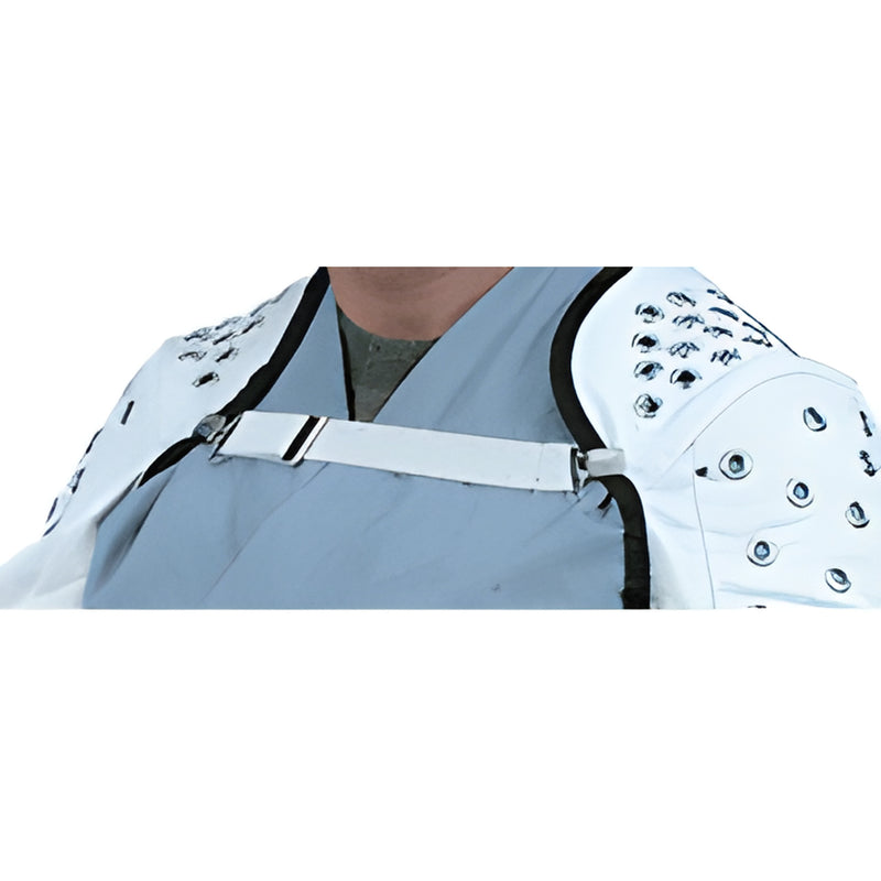 CRL GWS elastic replacement strap with metal buckle across chest, securing white riveted glassworker sleeves.