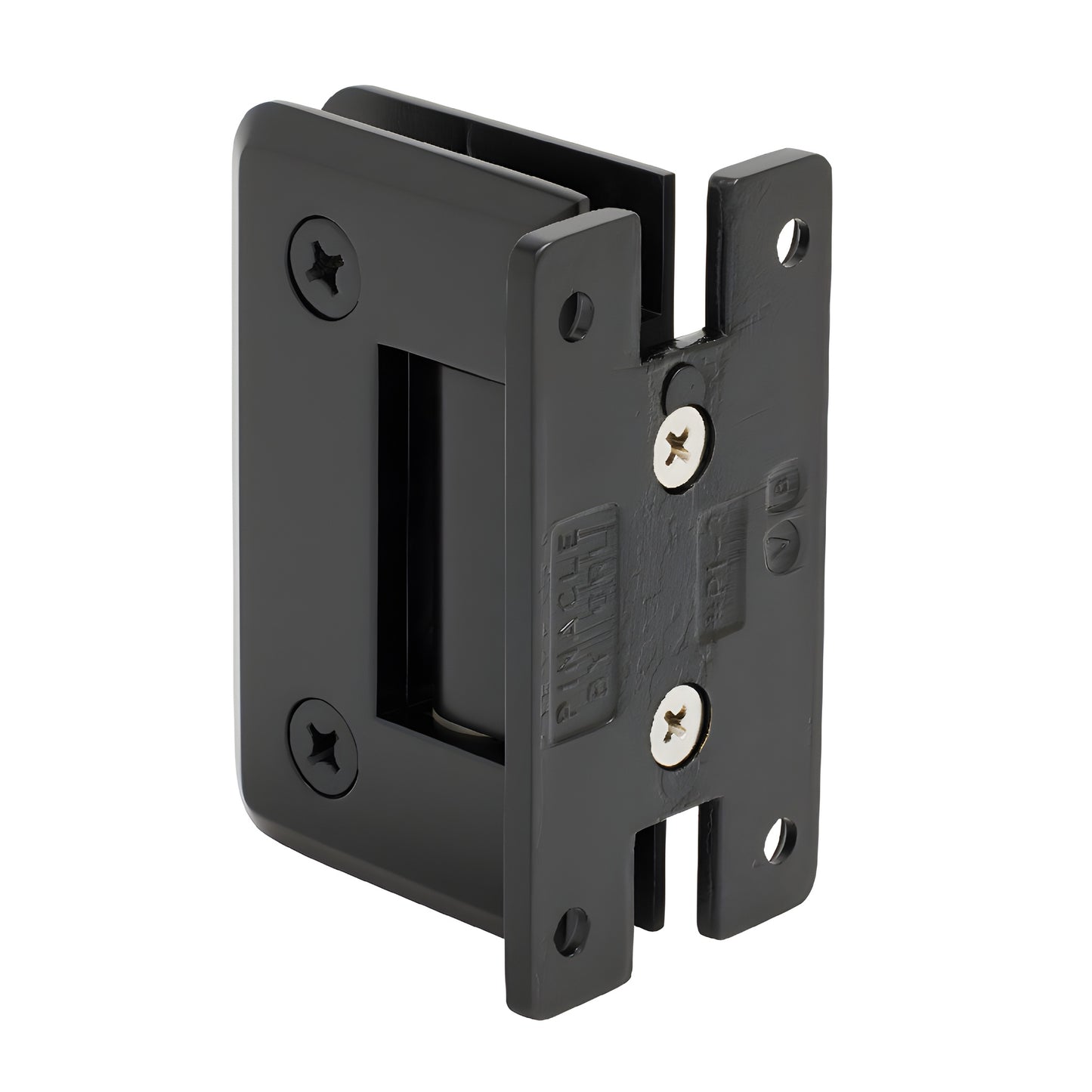 Matte black Pinnacle glass shower hinge (SKU P1N037MBL) - wall-mount H back plate, beveled edge for 8-12mm tempered glass.