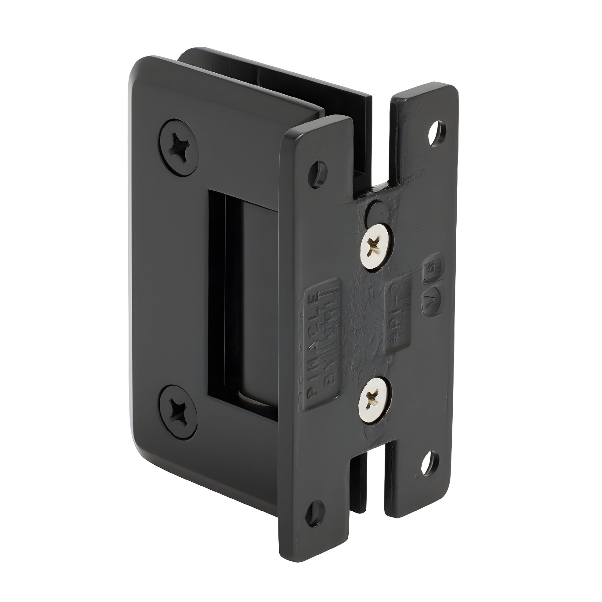Matte black Pinnacle glass shower hinge (SKU P1N037MBL) - wall-mount H back plate, beveled edge for 8-12mm tempered glass.