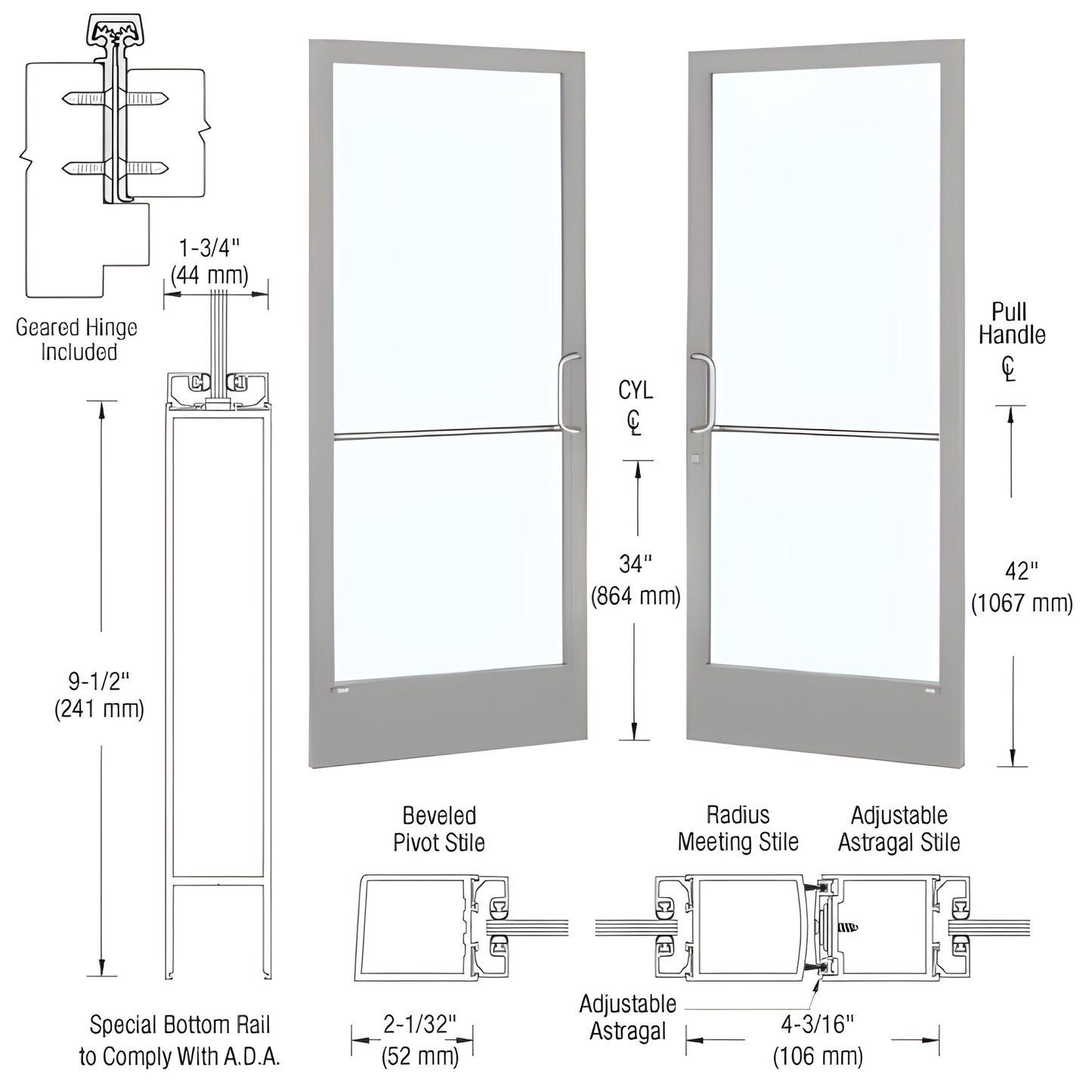 CD22811 clear anodized narrow-stile commercial glass entrance door, 1/4" glazing, 91 2" ADA bottom rail, gear-hinge ready