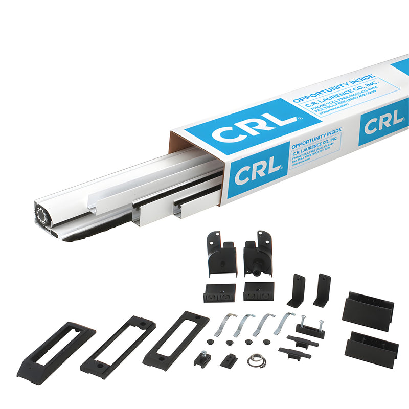 CRL RDS84W white retractable screen door kit 84in with aluminum rails, charcoal mesh and mounting hardware displayed