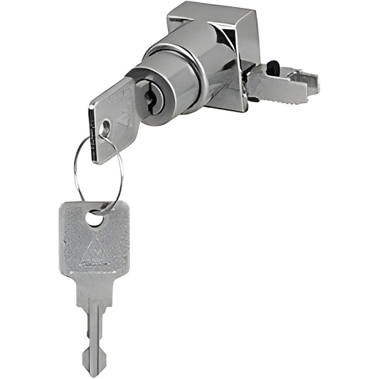 Satin chrome no-drill glass door lock (SKU 0681SCKA) with key, aluminum reversible cam for DV146 H-bar
