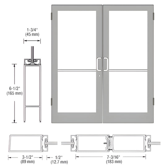 Double commercial medium-stile entrance door pair Standard 96, clear anodized, 36" active/72" inactive, fits 1/4" glass