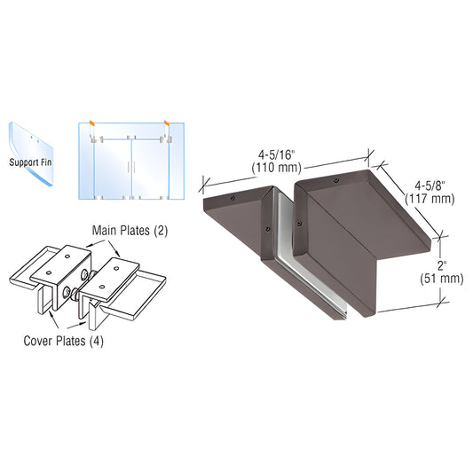 PH94DU black bronze ceiling-mounted glass fin bracket for 3/8" or 1/2" tempered glass, with plates and dimensions.