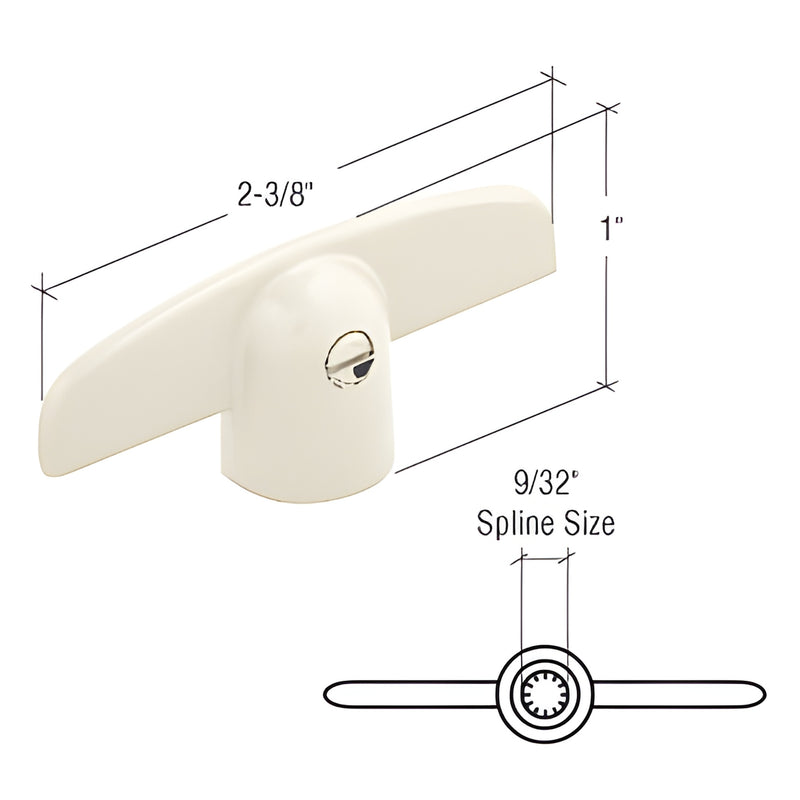 CRL T-crank casement window handle H4046, white diecast - 2-3/8 in long, 1 in high, 9/32 in spline.