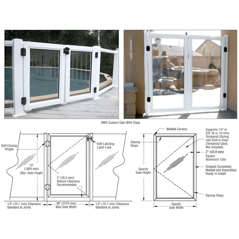 Sky White aluminum framed gate with clear glass panels for pool or entry, self-closing hinges - SKU PGAWS1W